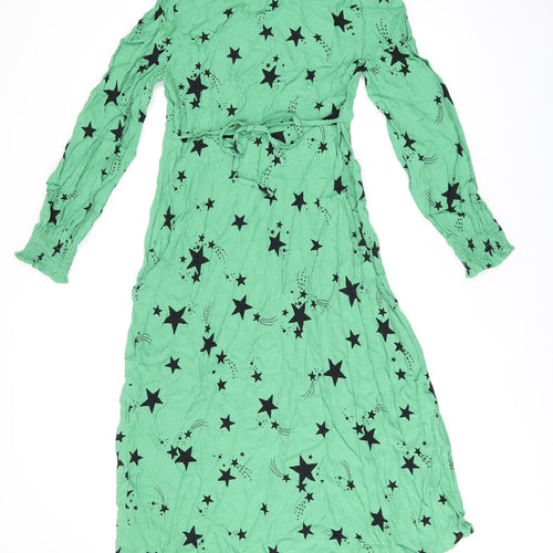 Marks and Spencer Womens Green Geometric Viscose A-Line Size 8 V-Neck Zip - Star Print