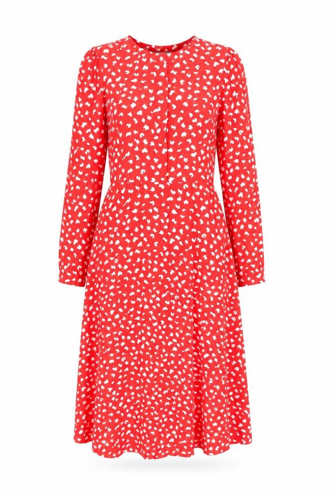 Front view of Finery women’s red geometric viscose a-line, size UK 10, round neck zip