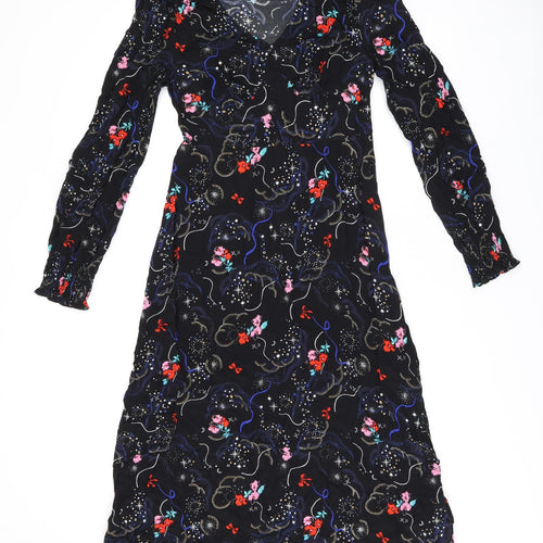Marks and Spencer Womens Black Floral Viscose A-Line Size 8 V-Neck Zip