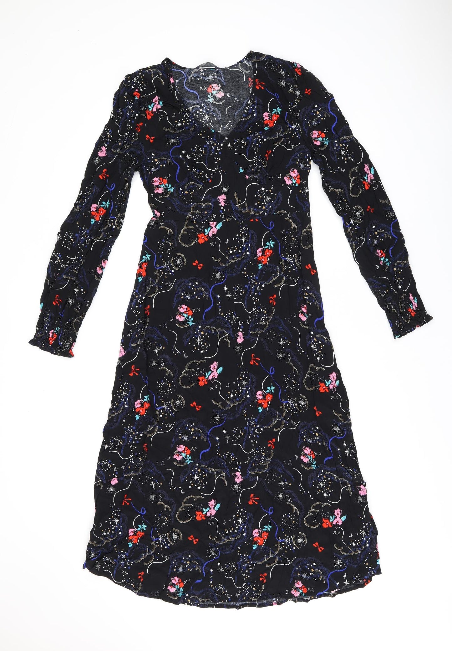Marks and Spencer Womens Black Floral Viscose A-Line Size 8 V-Neck Zip