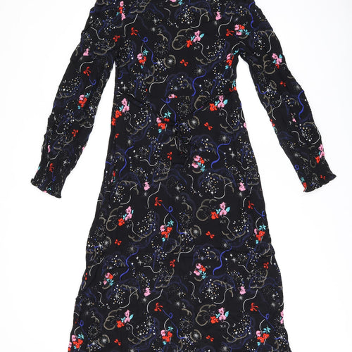 Marks and Spencer Womens Black Floral Viscose A-Line Size 8 V-Neck Zip