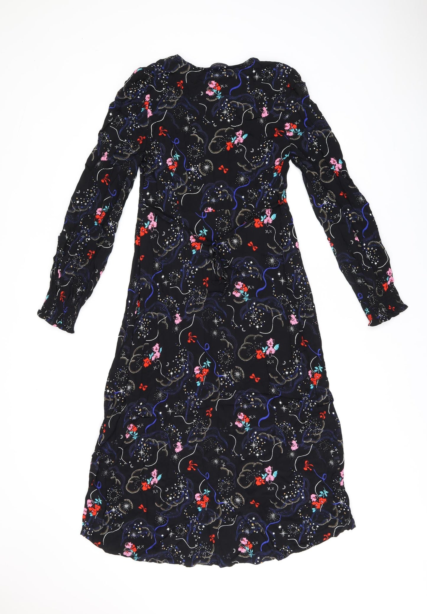 Marks and Spencer Womens Black Floral Viscose A-Line Size 8 V-Neck Zip