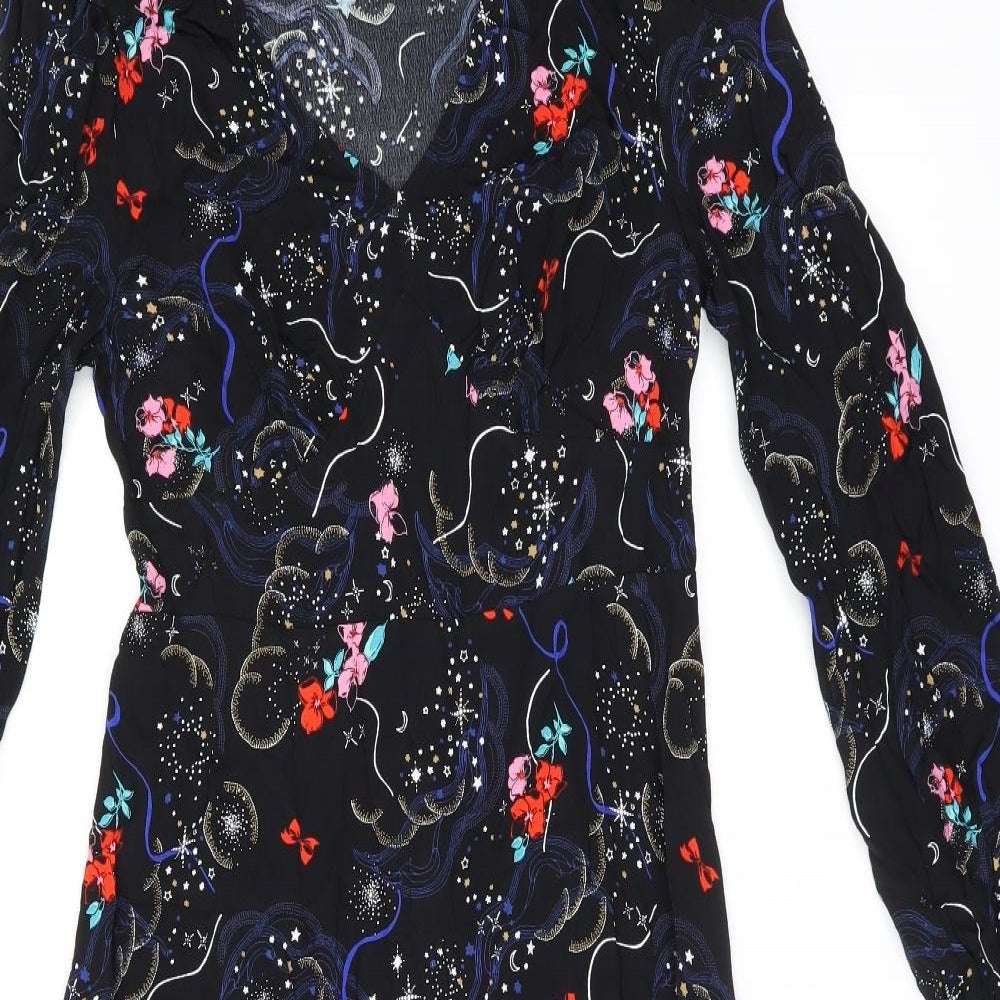 Marks and Spencer Womens Black Floral Viscose A-Line Size 8 V-Neck Zip