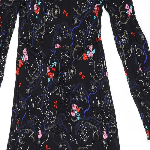 Marks and Spencer Womens Black Floral Viscose A-Line Size 8 V-Neck Zip