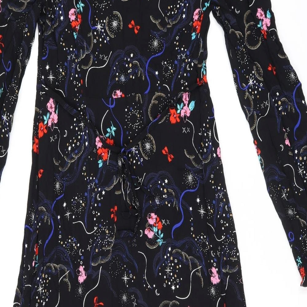 Marks and Spencer Womens Black Floral Viscose A-Line Size 8 V-Neck Zip