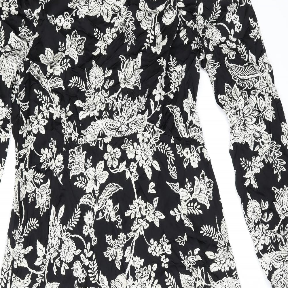 Finery Womens Black Floral Viscose A-Line Size 14 Round Neck Zip