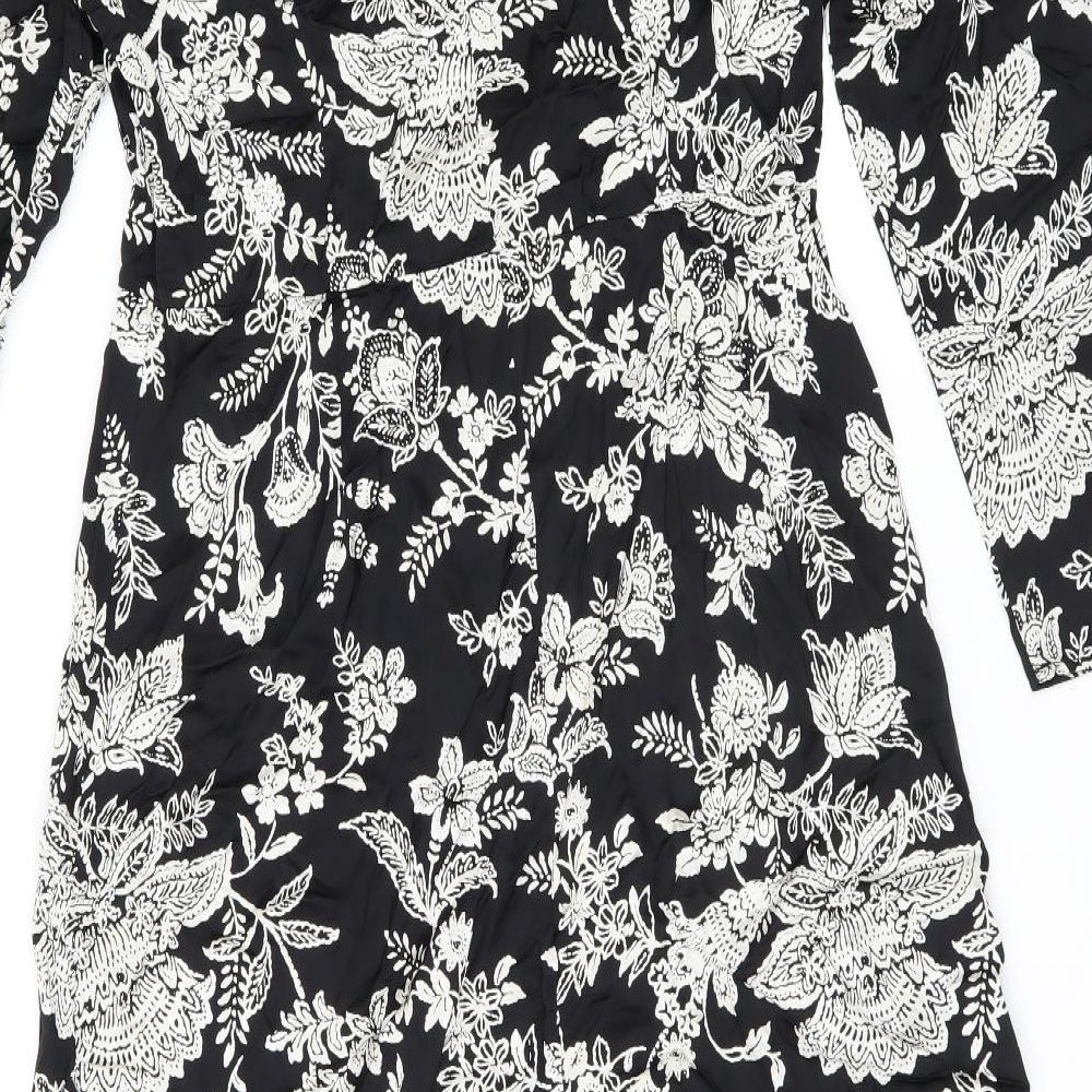 Finery Womens Black Floral Viscose A-Line Size 14 Round Neck Zip