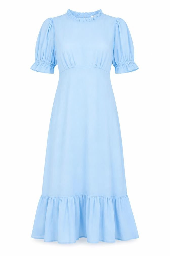 Front view of Finery women’s blue polyester a-line, size UK 10, round neck zip