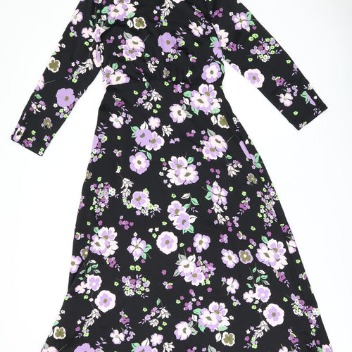 Marks and Spencer Womens Black Floral Polyester A-Line Size 8 Round Neck Zip