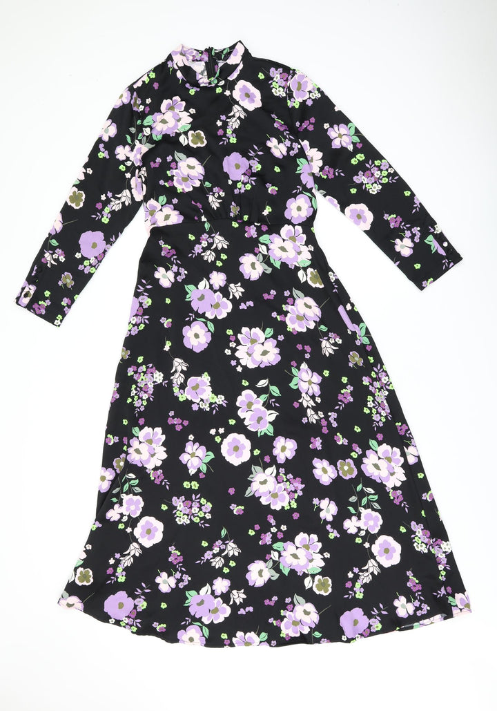 Marks and Spencer Womens Black Floral Polyester A-Line Size 8 Round Neck Zip