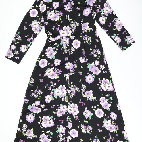 Marks and Spencer Womens Black Floral Polyester A-Line Size 8 Round Neck Zip