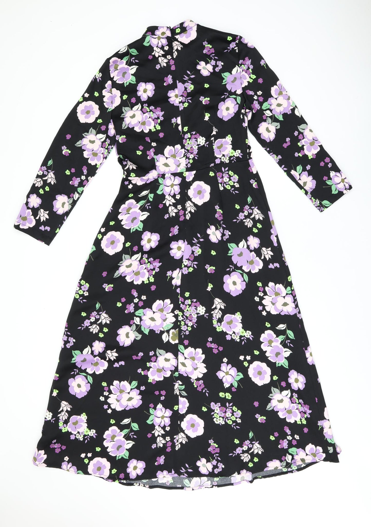 Marks and Spencer Womens Black Floral Polyester A-Line Size 8 Round Neck Zip