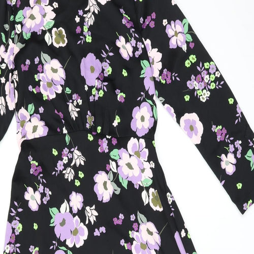 Marks and Spencer Womens Black Floral Polyester A-Line Size 8 Round Neck Zip
