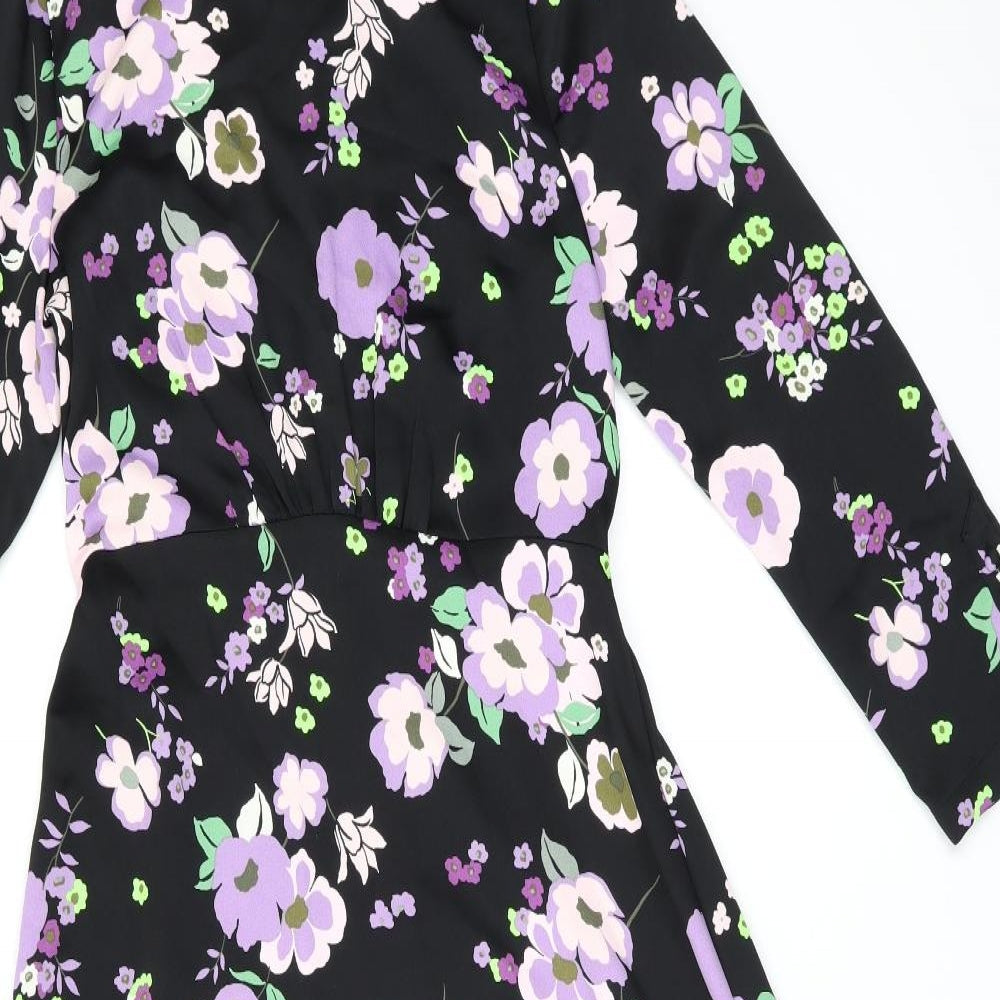 Marks and Spencer Womens Black Floral Polyester A-Line Size 8 Round Neck Zip