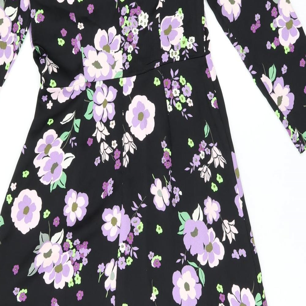 Marks and Spencer Womens Black Floral Polyester A-Line Size 8 Round Neck Zip