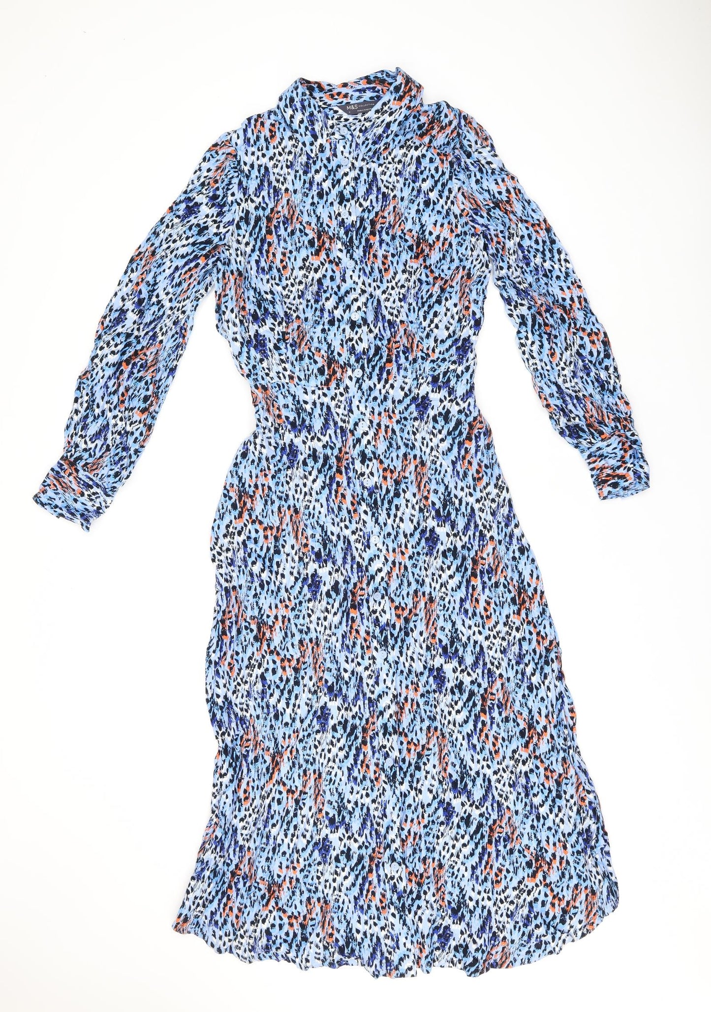 Marks and Spencer Womens Blue Geometric Viscose Shirt Dress Size 8 Collared Button