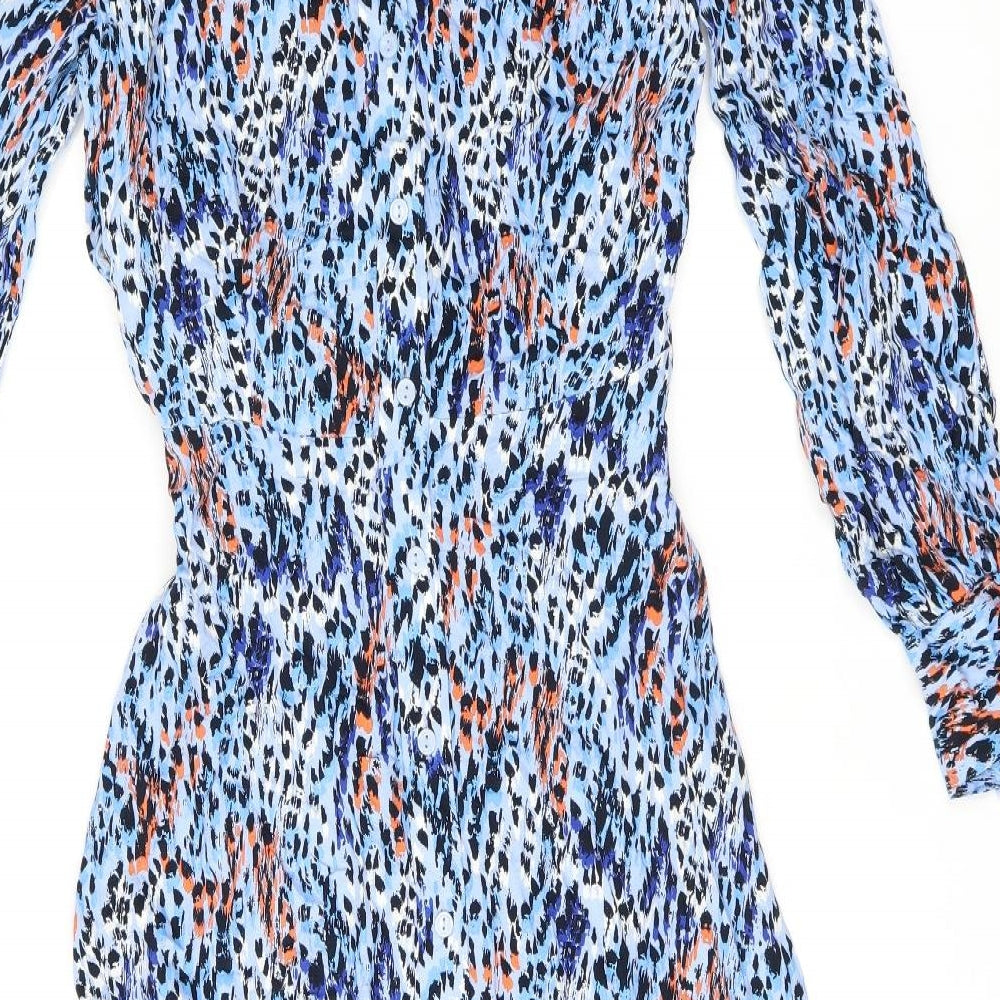 Marks and Spencer Womens Blue Geometric Viscose Shirt Dress Size 8 Collared Button