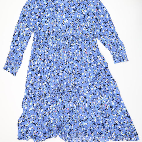 Marks and Spencer Womens Blue Floral Viscose A-Line Size 22 V-Neck Pullover