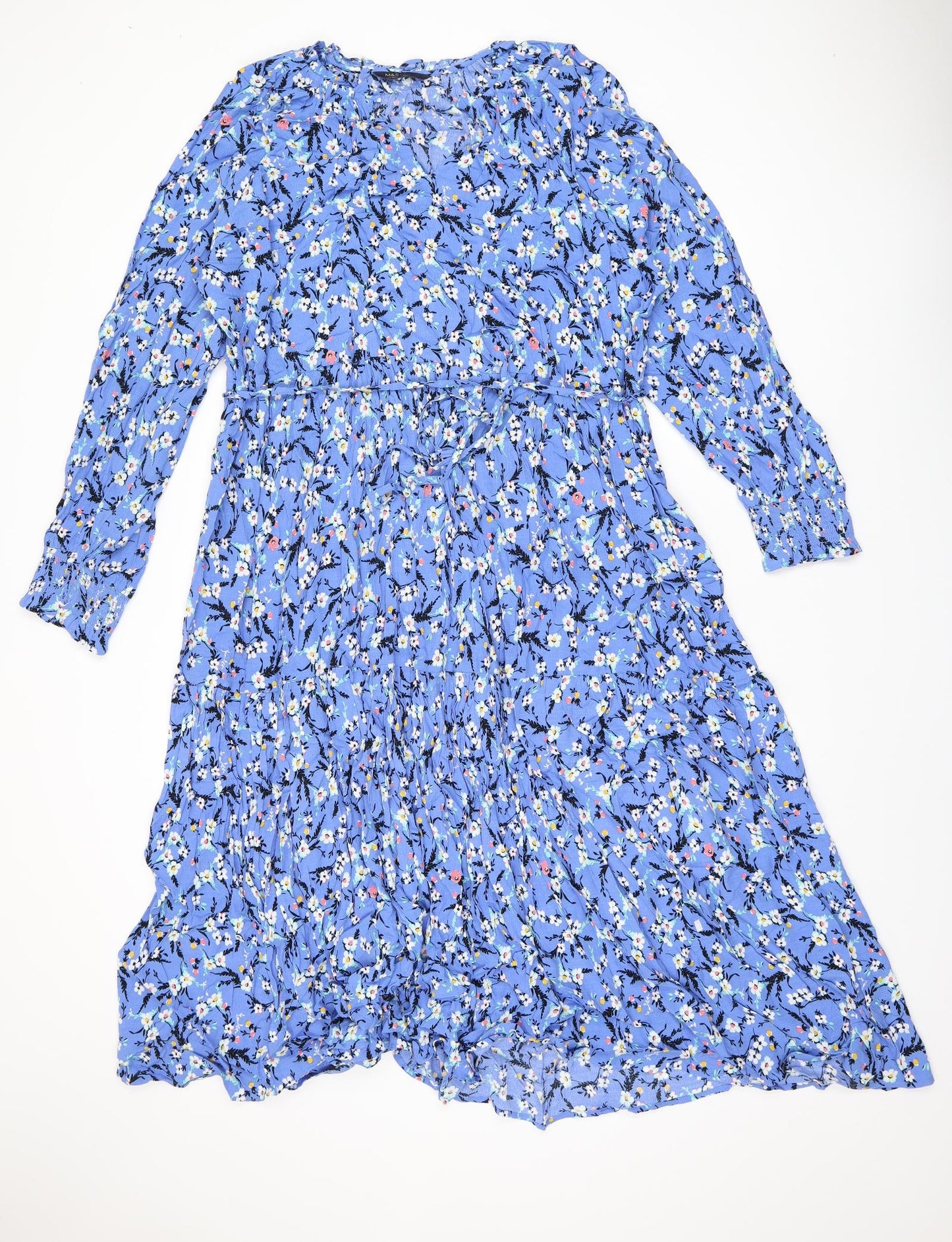 Marks and Spencer Womens Blue Floral Viscose A-Line Size 22 V-Neck Pullover