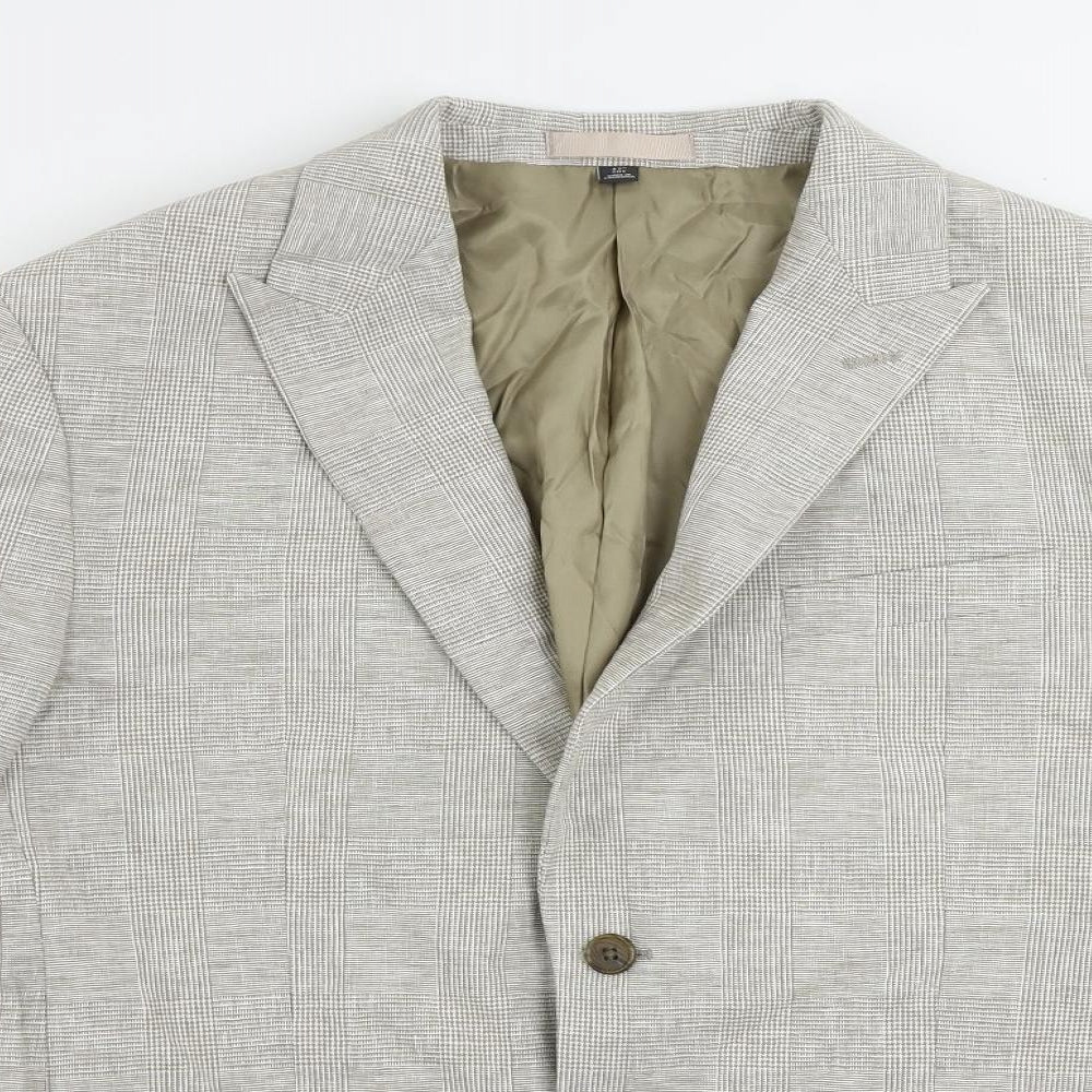 Marks and Spencer Mens Beige Plaid Linen Jacket Blazer Size 42 Regular