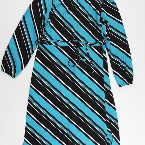 Marks and Spencer Womens Blue Striped Polyester A-Line Size 12 Mock Neck Button
