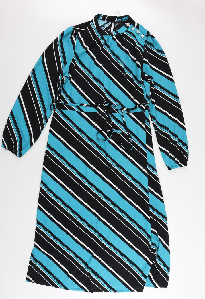 Marks and Spencer Womens Blue Striped Polyester A-Line Size 12 Mock Neck Button
