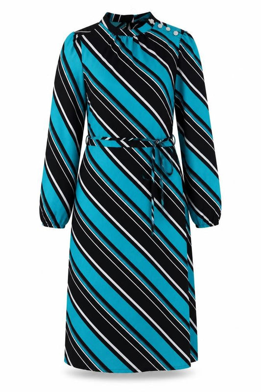 Front view of Marks & Spencer women’s blue striped polyester a-line, size UK 12, mock neck button