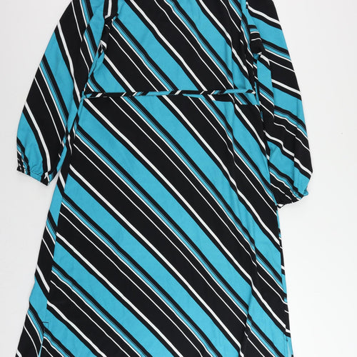 Marks and Spencer Womens Blue Striped Polyester A-Line Size 12 Mock Neck Button