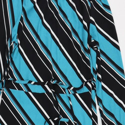 Marks and Spencer Womens Blue Striped Polyester A-Line Size 12 Mock Neck Button