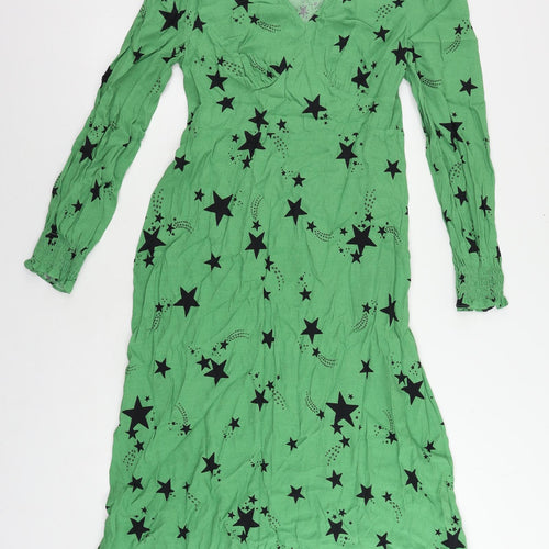 Marks and Spencer Womens Green Geometric Viscose A-Line Size 10 V-Neck Zip - Star Print