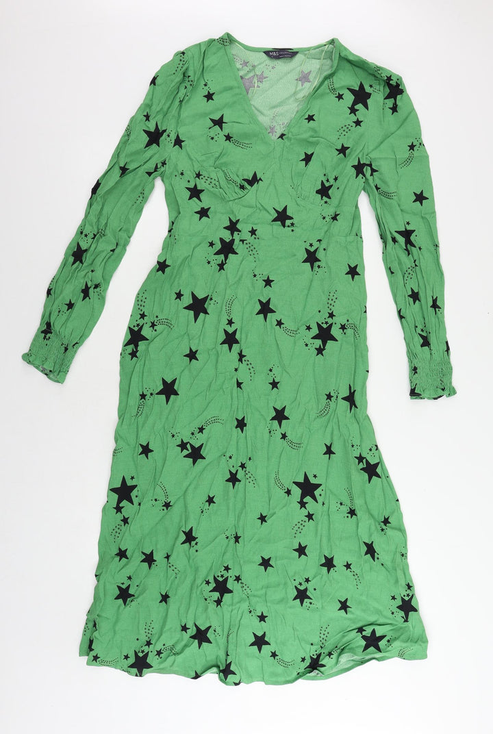 Marks and Spencer Womens Green Geometric Viscose A-Line Size 10 V-Neck Zip - Star Print