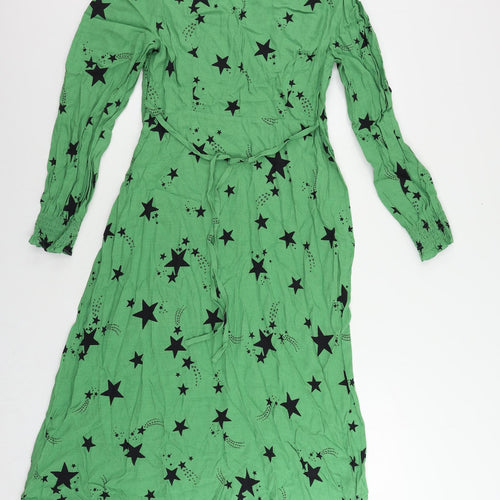 Marks and Spencer Womens Green Geometric Viscose A-Line Size 10 V-Neck Zip - Star Print