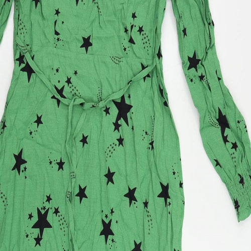 Marks and Spencer Womens Green Geometric Viscose A-Line Size 10 V-Neck Zip - Star Print