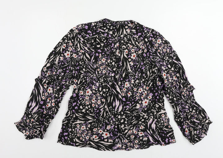 Marks and Spencer Womens Black Geometric Viscose Basic Blouse Size 10 Round Neck