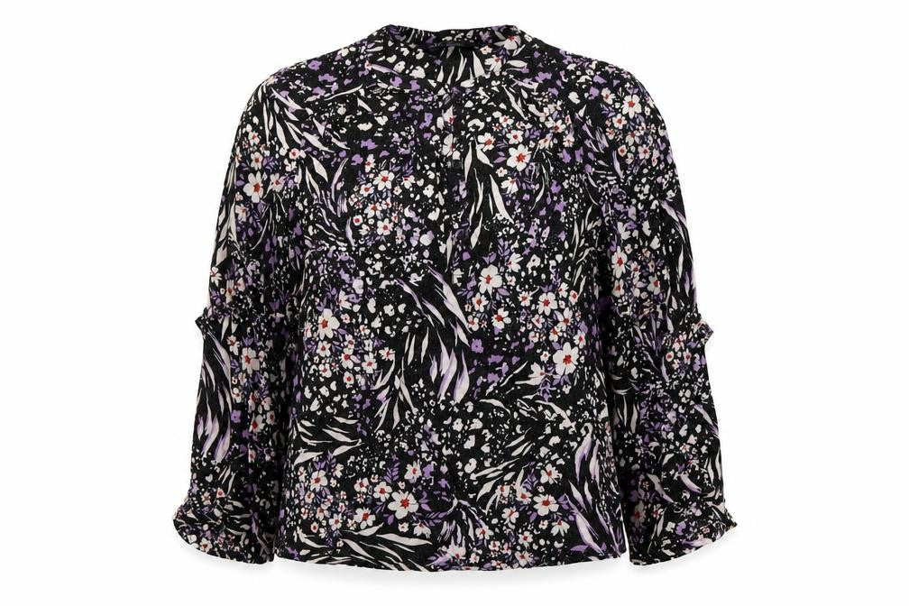 Front view of Marks & Spencer women’s black geometric viscose basic blouse, size UK 10, round neck