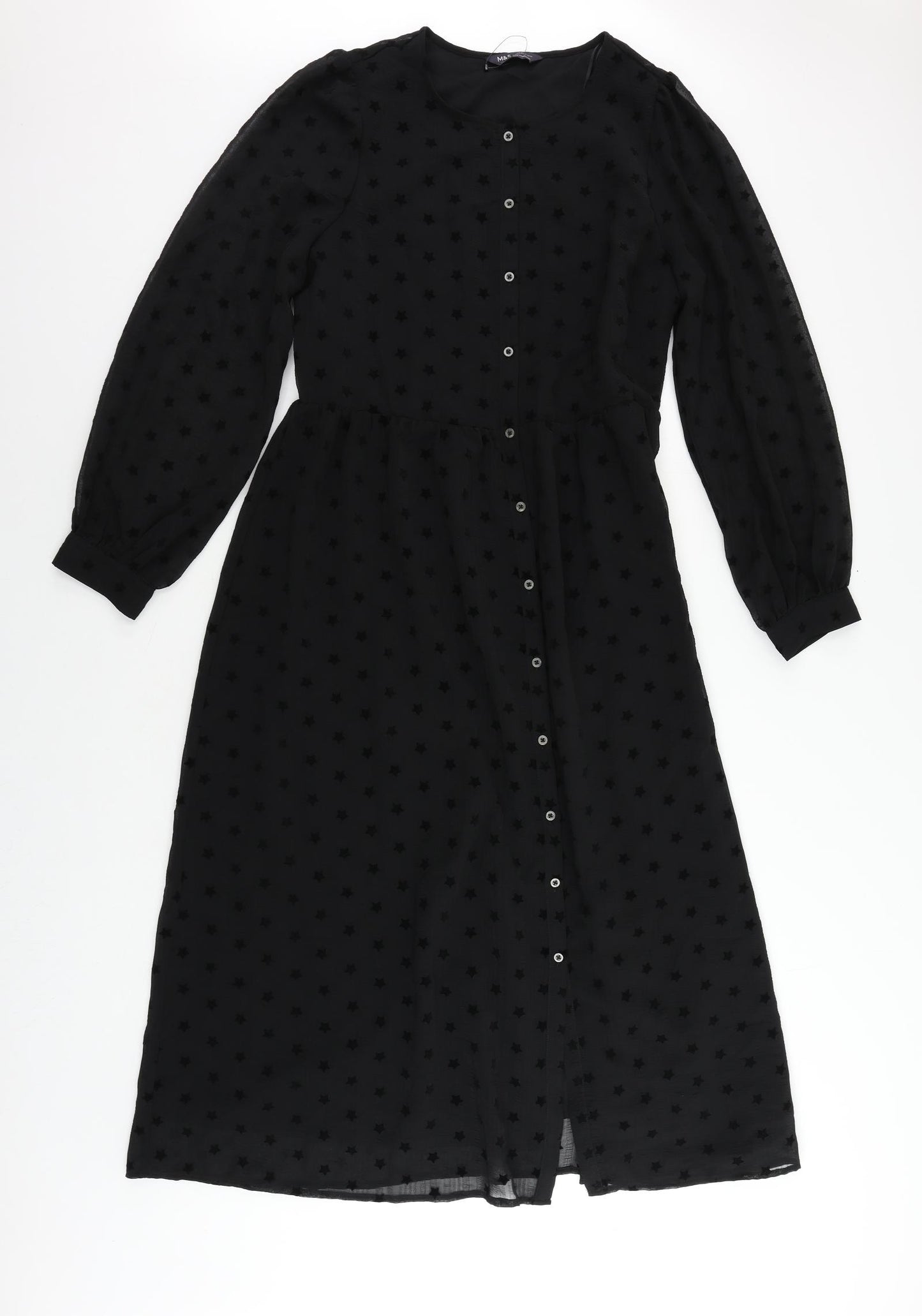 Marks and Spencer Womens Black Geometric Polyester A-Line Size 10 Round Neck Button - Star Pattern