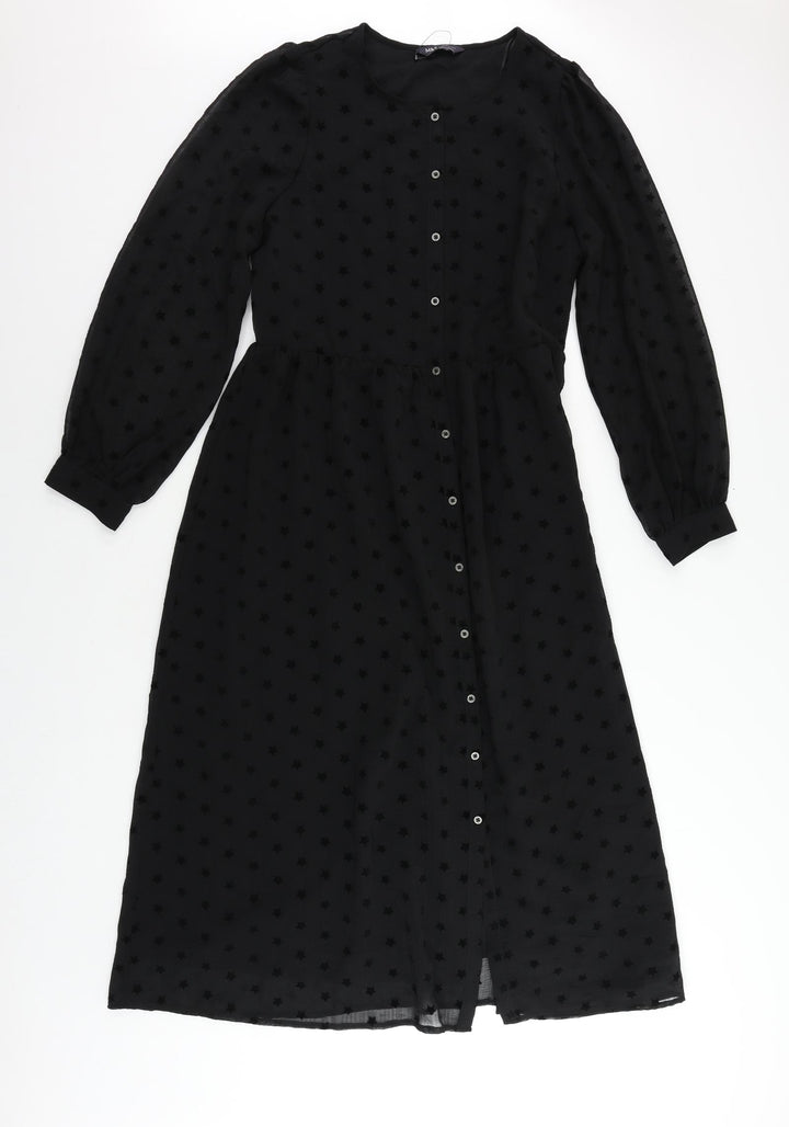 Marks and Spencer Womens Black Geometric Polyester A-Line Size 10 Round Neck Button - Star Pattern