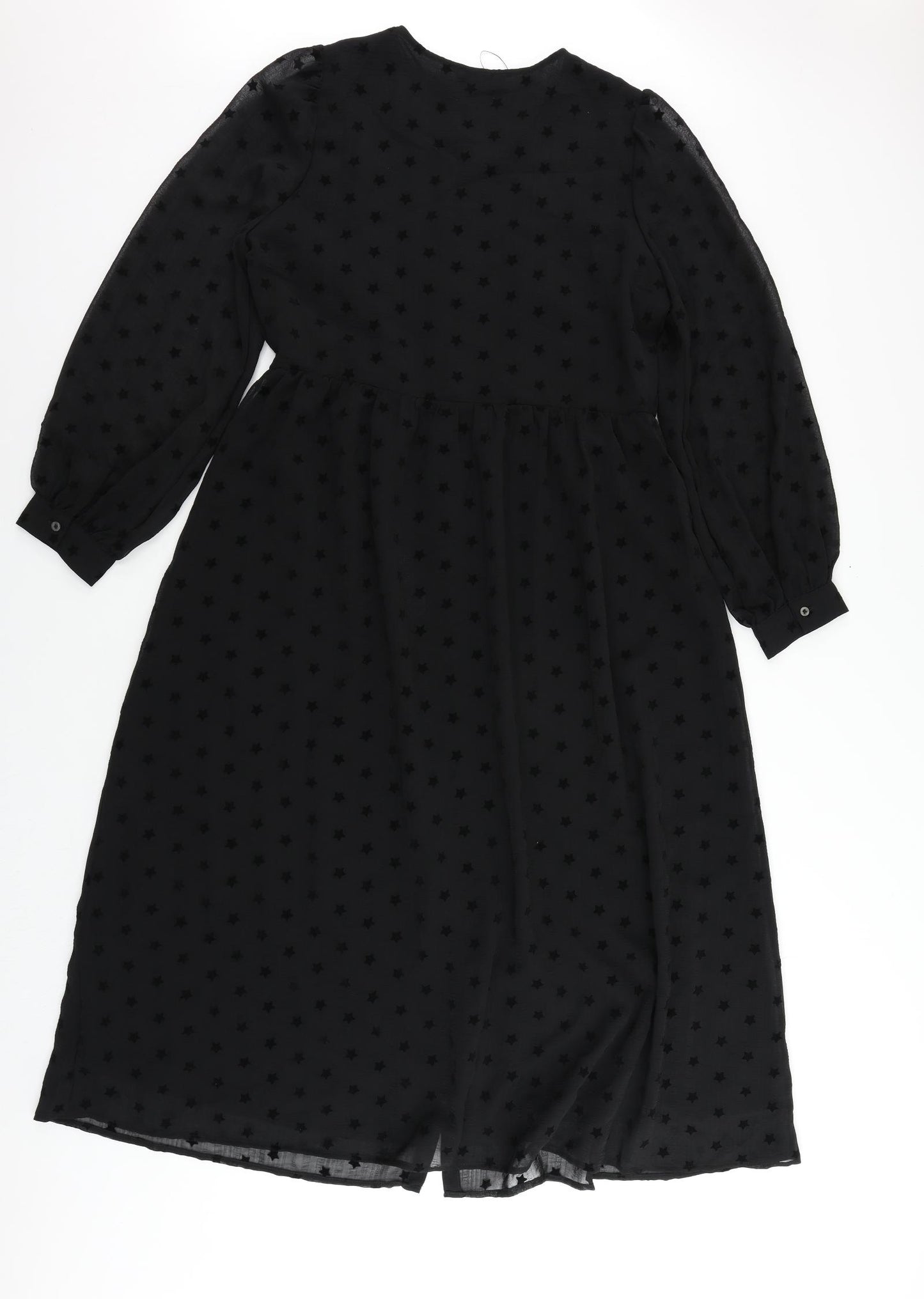 Marks and Spencer Womens Black Geometric Polyester A-Line Size 10 Round Neck Button - Star Pattern