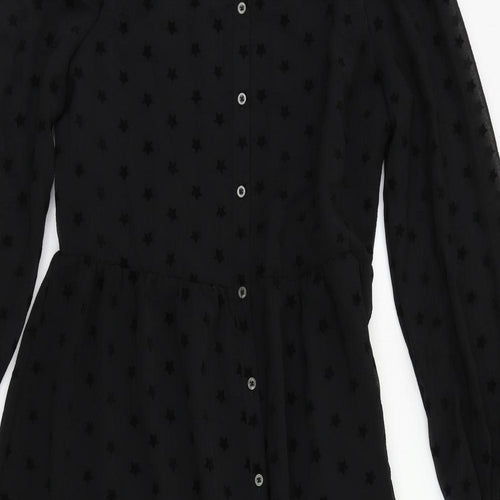Marks and Spencer Womens Black Geometric Polyester A-Line Size 10 Round Neck Button - Star Pattern