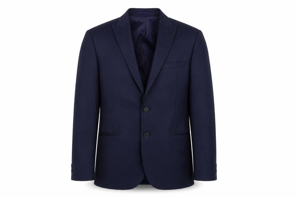 Front view of Moss London men’s blue polyester jacket suit jacket, size 40, regular