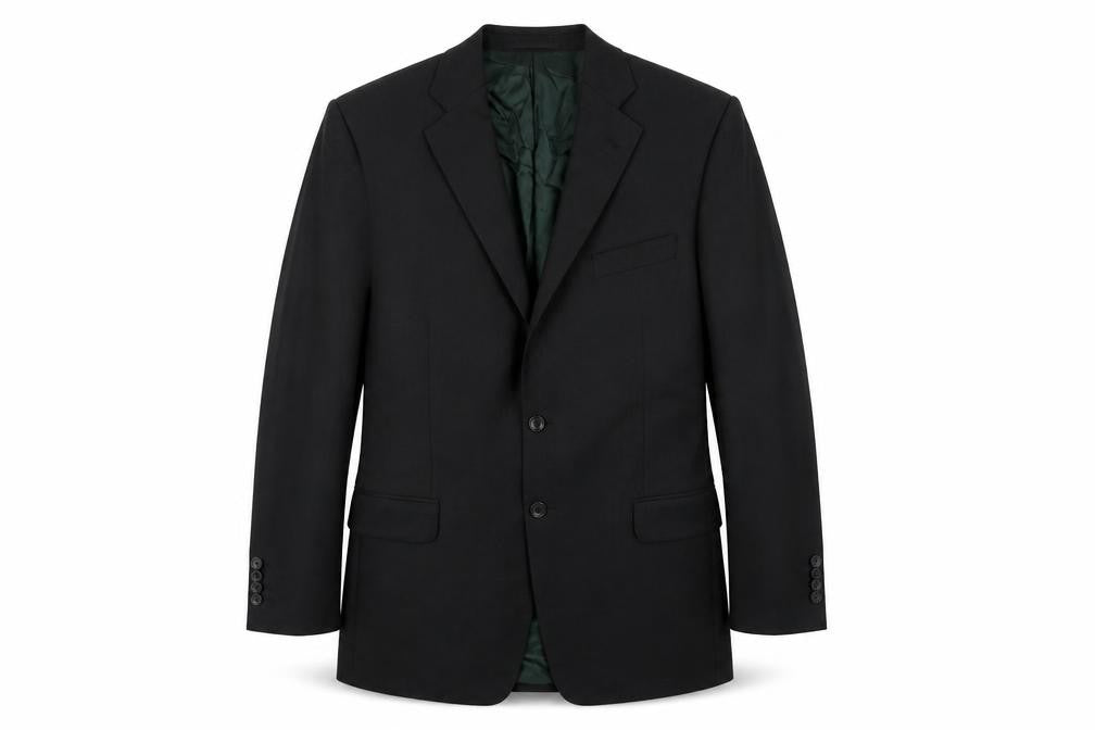 Front view of Lester Bowden men’s black wool jacket suit jacket, size 42, regular