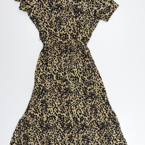 Marks and Spencer Womens Brown Animal Print Viscose A-Line Size 14 V-Neck Pullover