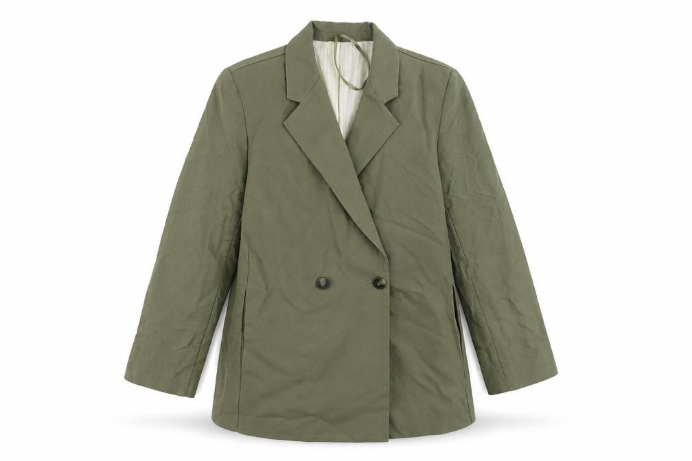 Front view of Per Una women’s green jacket blazer, size UK 14, button