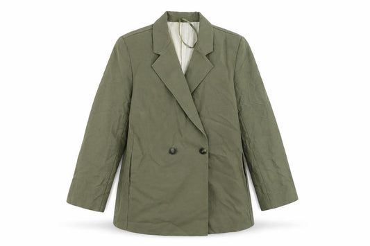 Front view of Per Una women’s green jacket blazer, size UK 14, button
