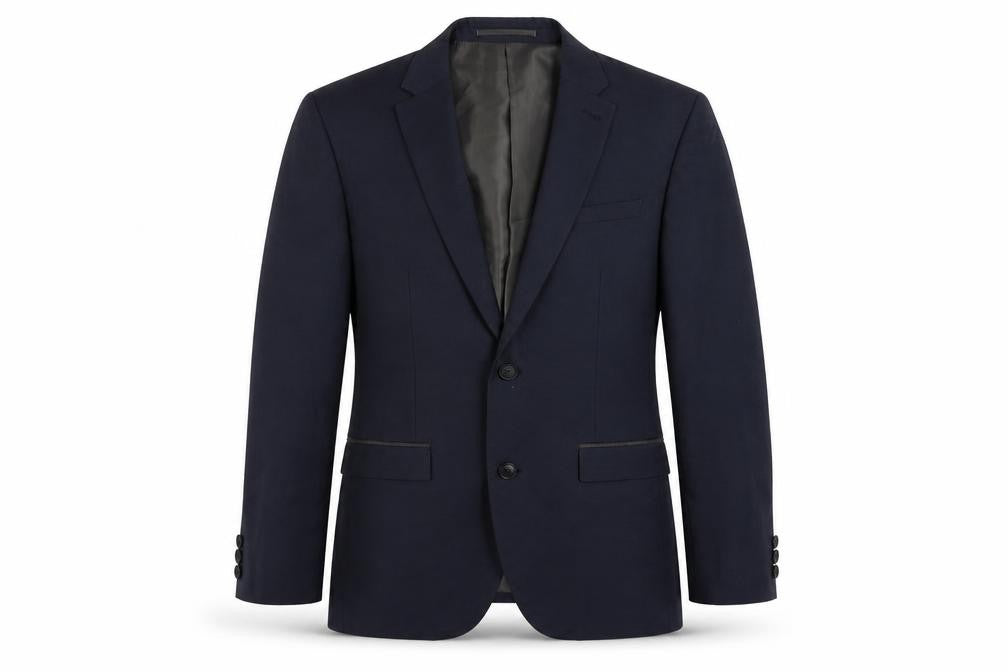 Front view of Next men’s blue polyester 3 piece suit jacket, size 38, regular