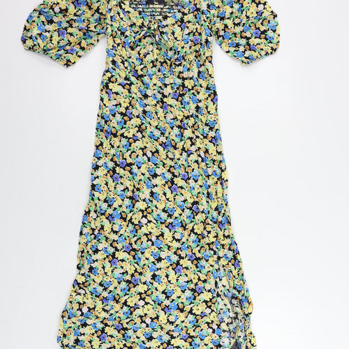 Marks and Spencer Womens Multicoloured Floral Viscose A-Line Size 8 V-Neck Zip - Shirred Back