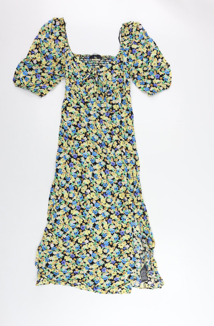 Marks and Spencer Womens Multicoloured Floral Viscose A-Line Size 8 V-Neck Zip - Shirred Back