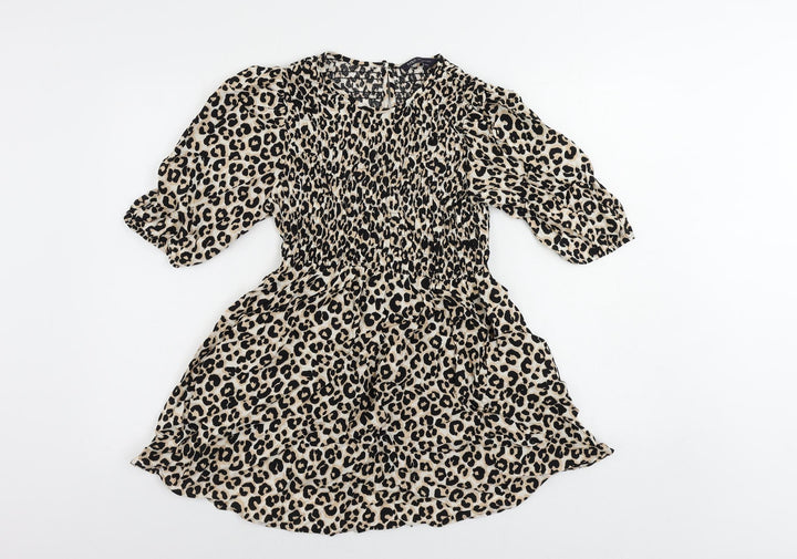 Marks and Spencer Womens Black Animal Print Viscose Basic Blouse Size 8 Round Neck - Elastic Waist