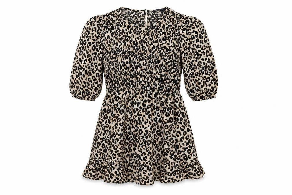 Marks and Spencer Womens Black Animal Print Viscose Basic Blouse Size 8 Round Neck - Elastic Waist
