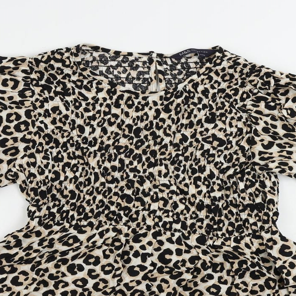 Marks and Spencer Womens Black Animal Print Viscose Basic Blouse Size 8 Round Neck - Elastic Waist